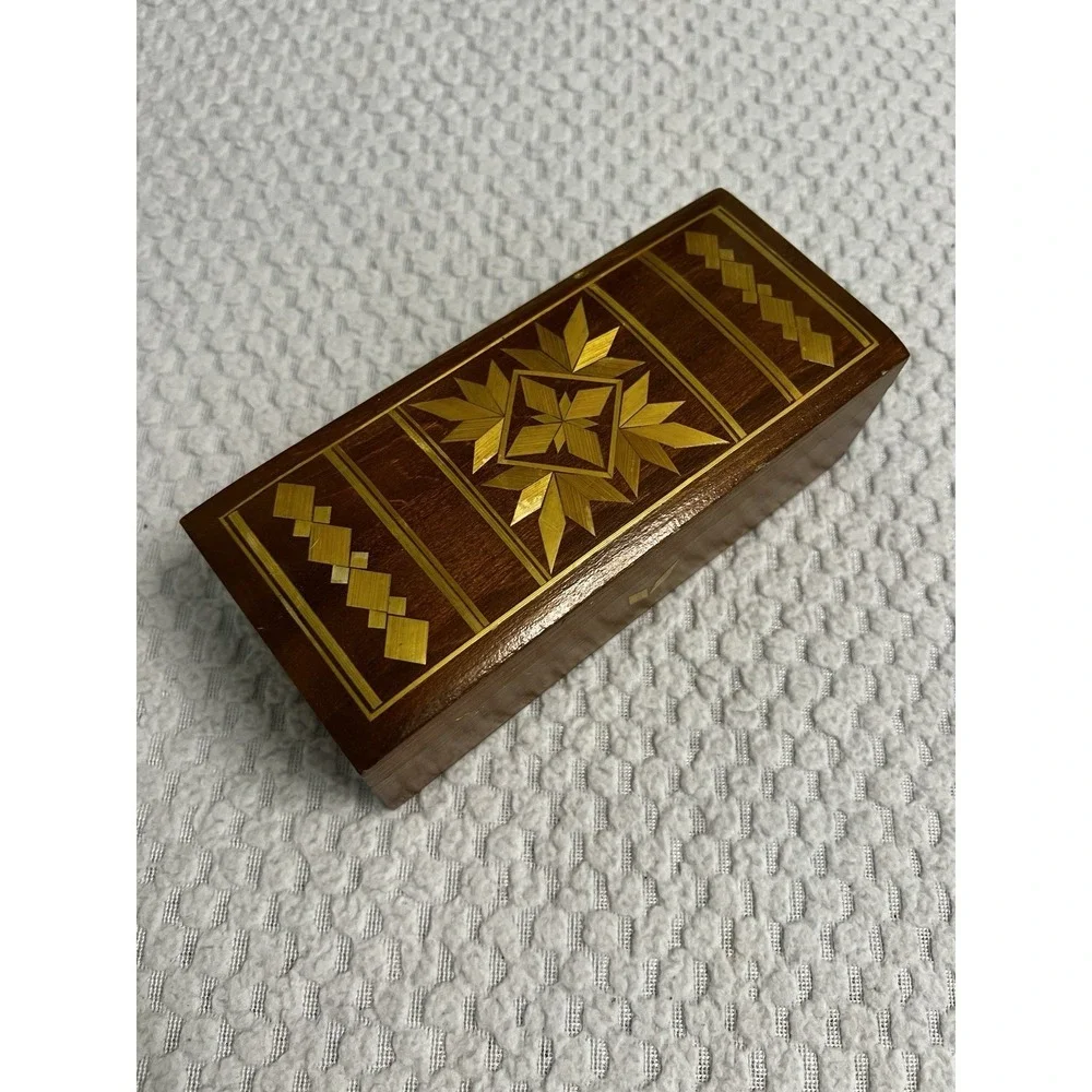 Vtg USSR Russian Inlaid Wood Jewelry Trinket Box Soviet Era MCM Boho Handmade